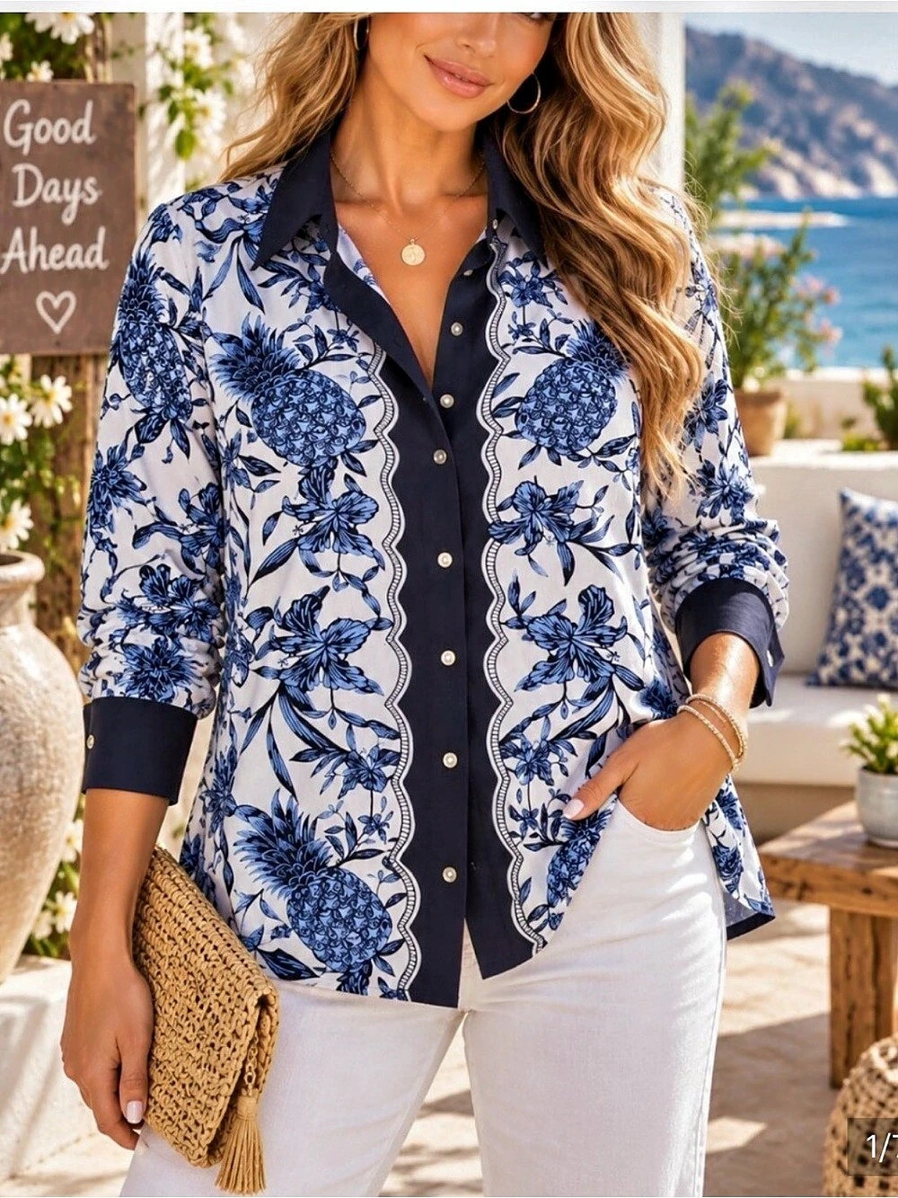 Free Assembly Long Sleeve Button Down Shirt with Scalloped Hem, Blue & White, M